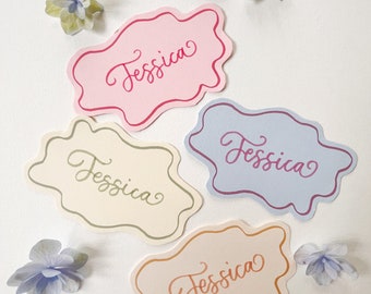 Squiggle Wave Oval Place Cards, Wedding Place Cards, Retro Place Cards, Hen's Party Place Cards, Hand Written Calligraphy, Colorful Name Tag