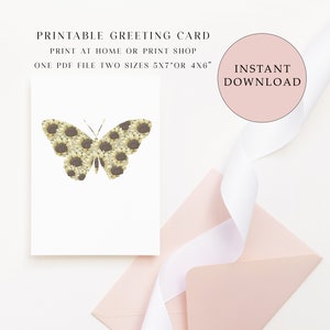 Druckbare leere Grußkarte Sonnenblume Schmetterling, Karte zu Hause drucken, digitale Grußkarten, Karten für alle Anlässe, niedliche Schmetterlingskarten
