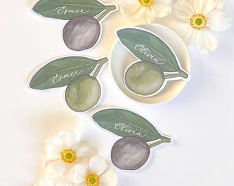 Watercolor Olive Leaf Place Cards: Mediterranean Wedding Decor