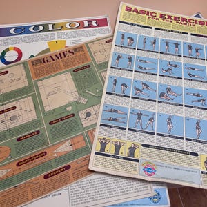 May include: Three vintage educational posters featuring diagrams and text. One poster titled BASIC EXERCISE FOR THE FAMILY shows blue illustrations of people performing stretches. Another titled COLOR displays a color wheel. A third titled GAMES shows diagrams for sports like softball and tennis.