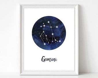 Impresión digital de la constelación de Géminis, arte mural del zodíaco para la decoración del hogar