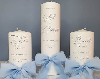 Set of 3 Personalised Wedding Unity Candles with Chiffon Ribbon - Handcrafted Keepsake with Minimalist Design