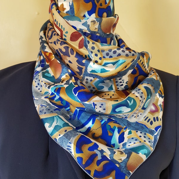 NEW beautiful blue AUTUMN silky scarf .. alternating chiffon stripes in abstract design with a touch of pale gold! Just delicious!