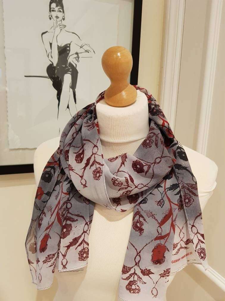 GERRY WEBER Grey and Burgundy Long Floral Vintage Silk Scarf
