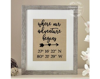 Latitude Longitude Sign, Anniversary Gift, Engagement Gift, Where Our Adventure Begins, Husband Wife Gift, Best Friend Wedding Gift, Holiday