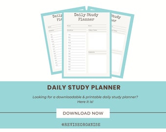 May include: A printable daily study planner with a blue and white design. The planner includes sections for daily tasks, notes, and a schedule. The text on the planner reads "Daily Study Planner".