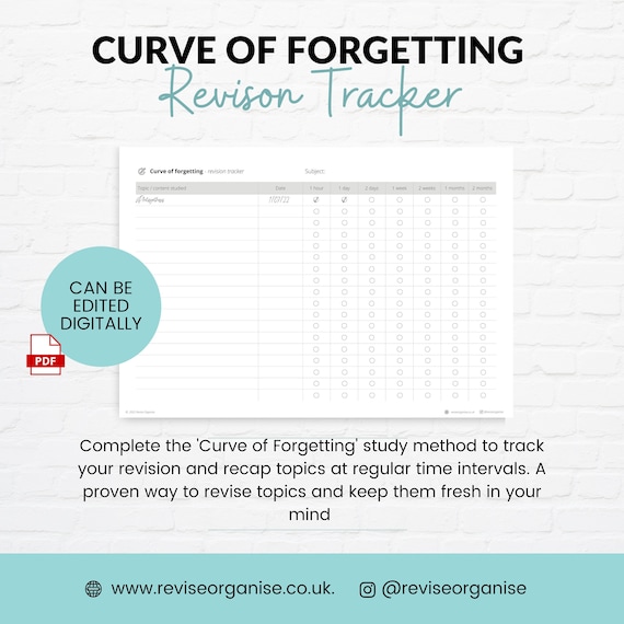 Curve of forgetting revision tracker tool | Printable | Editable| Studying | PDF| Instant Download| Revision| Revision Notes| Student