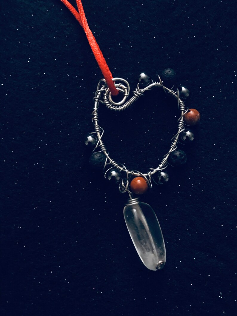 Wire wrapped Black Lava Bead Pendant Red Jasper Quartz Hematite Quartz Necklace