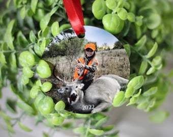 Personalized Hunting Photo Ornament, Deer Hunter Sportsman Gift, Keepsake Ornament for Hunter First Deer Hunt Hunting Camp Gifts Sentimental