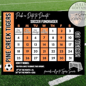 Soccer Fundraiser Calendar, Pick A Date To Donate Fundraiser Form, Calendar Fundraiser, Digital Download Editable Template, Soccer Funding