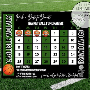 Basketball-Spendenkalender, Wählen Sie ein Datum aus, an dem Sie spenden können, Kalender-Spendenaktion, digitaler Download bearbeitbare Vorlage, Basketball