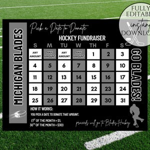 Insamlingskalender för hockey, Välj ett datum för att donera, Insamlingsformulär för kalender, Digital nedladdningsbar redigerbar mall, Insamlingsformulär för hockey