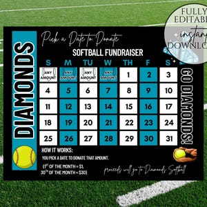 Softball Fundraiser Calendar, Pick A Date To Donate Fundraiser Form, Calendar Fundraiser, Digital Download Editable Template, Softball Fund