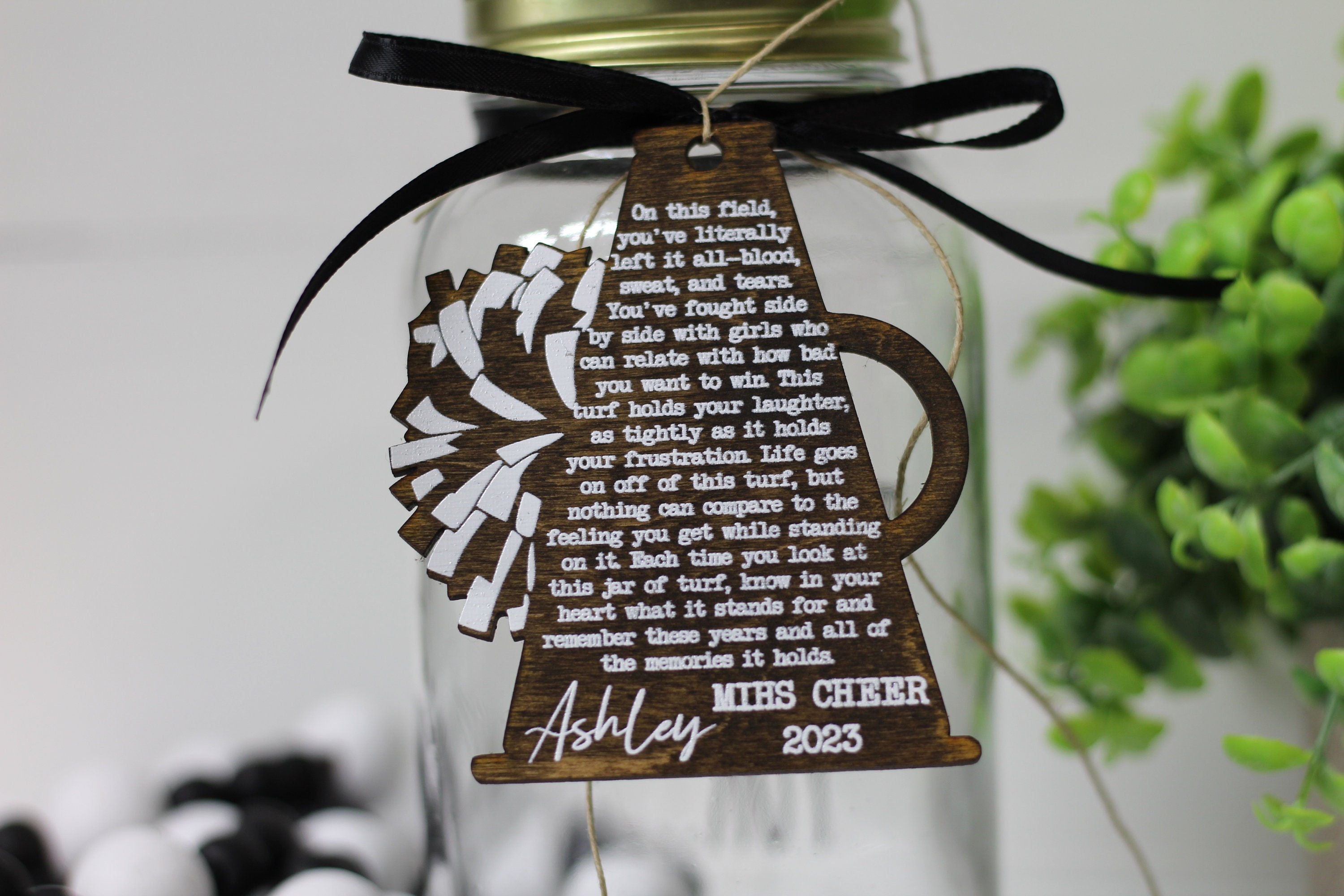 Jar of Dirt Grass or Turf Cheerleader Megaphone Wood Tag