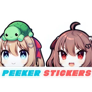 May include: Two anime-style peeker stickers. One features a blonde character with a green turtle on their head, the other a brown-haired character. The text "PEEKER STICKERS" is displayed below.