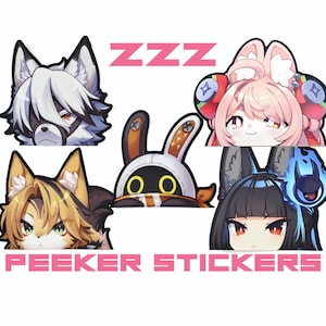 Puede incluir: Un conjunto de pegatinas peeker con caras de personajes de estilo anime. Las pegatinas presentan un lobo, un conejo y otros diseños inspirados en animales. La palabra "ZZZ" y "PEEKER STICKERS" están en texto rosa.