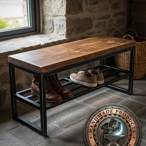 Industrial Shoe Rack Bench with Solid Spruce Seat, Heavy Duty Entryway Organizer, Welded Metal Hallway Furniture, Custom Mudroom Bench