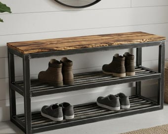 Industrial Rebar Shoe Rack Bench by METALRUSTIC - Solid Wood & Metal Entryway Storage - Unique Loft Style Hallway Bench with Steel Rods