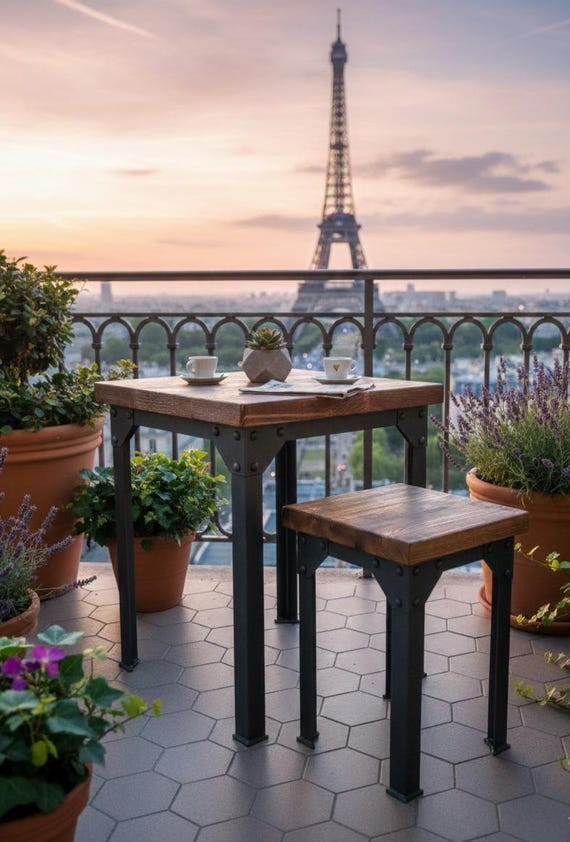 Industrie Balkonmöbel Set Bistrotisch 50x50 & Hocker Massivholz Metall Balkonset Kleine Räume Terrassenmöbel Loft Stil Handgefertigt Kombi