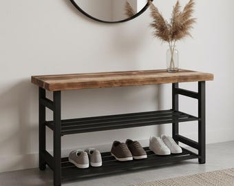 Industrial Entryway Bench with Shoe Storage, Rustic Metal and Wood Shoe Rack, Modern Loft Mudroom Furniture, Handmade Hallway Seating Bench