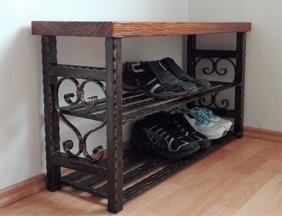 2 Tiered Shoe Rack, Vintage Metal Scrollwork and Burnt Wood Shoe Bench –  MyGift