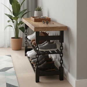 Industrielle Schuhbank mit Ketten-Design von METALRUSTIC | Rustikale Bank aus Massivholz und Stahl, Loft-Stil Flurmöbel, Handgefertigt