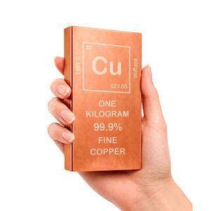 May include: A copper bar held in a hand, featuring the element symbol 'Cu' and the number '29'. The bar is labeled 'ONE KILOGRAM 99.9% FINE COPPER' and includes additional details such as melting point and density.
