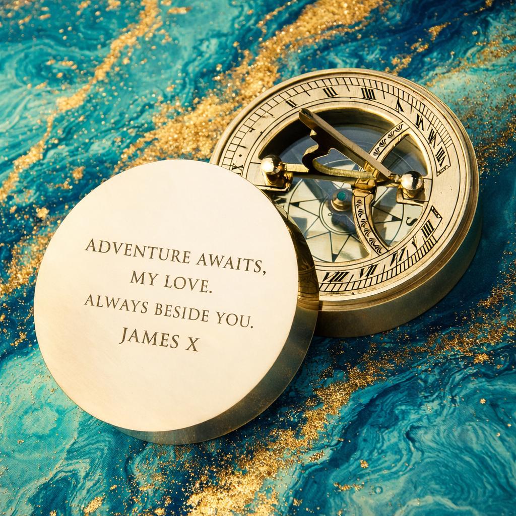 Engraved Nautical Compass & Sundial - Personalized Brass Gift For Men, Groomsmen, Hiking