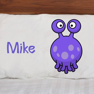 Kids Pillow Case ~ Purple Alien ~ Microfiber Pillowcase ~ Kids Bedding ~ Custom Pillowcases ~ Pillow Cases for Children ~ White Standard