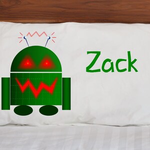Kids Pillow Case ~ Green Robot ~ Microfiber Pillowcase ~ Kids Bedding ~ Custom Pillowcases ~ Pillow Cases for Children ~ White Standard