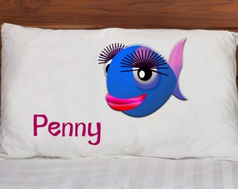 Kids Pillow Case ~ Girly Blue Fish ~ Microfiber Pillowcase ~ Kids Bedding ~ Custom Pillowcases ~ Pillow Cases for Children ~ White Standard