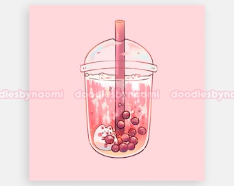 Strawberry boba art print |  Bubble tea art print | Cute art print decor (5"x 5")