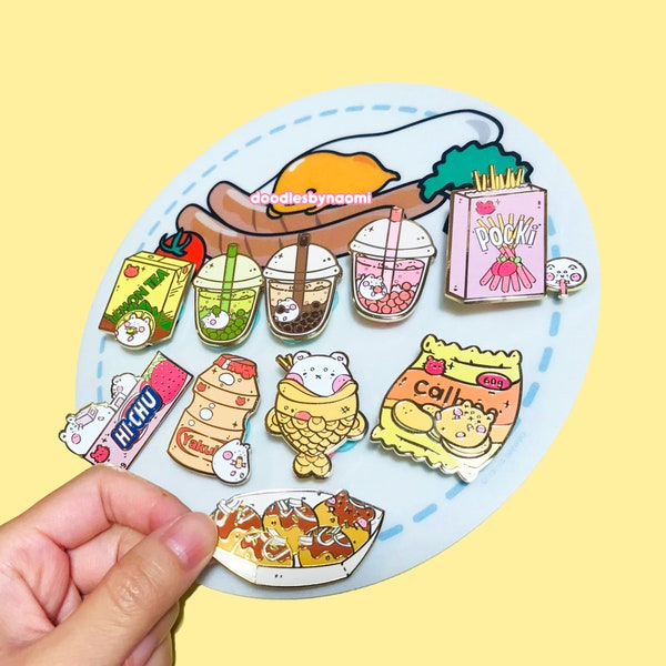 Boba enamel pins | Pocky pin | Yakult Pin | Lemon Tea Pin | Hi-Chew Pin |  Calbee Pin | Takoyaki Pin | Taiyaki Pin