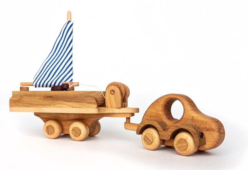 Tow Truck and Sailboat Wooden Toy Boat Trailer Car Toy Etsy