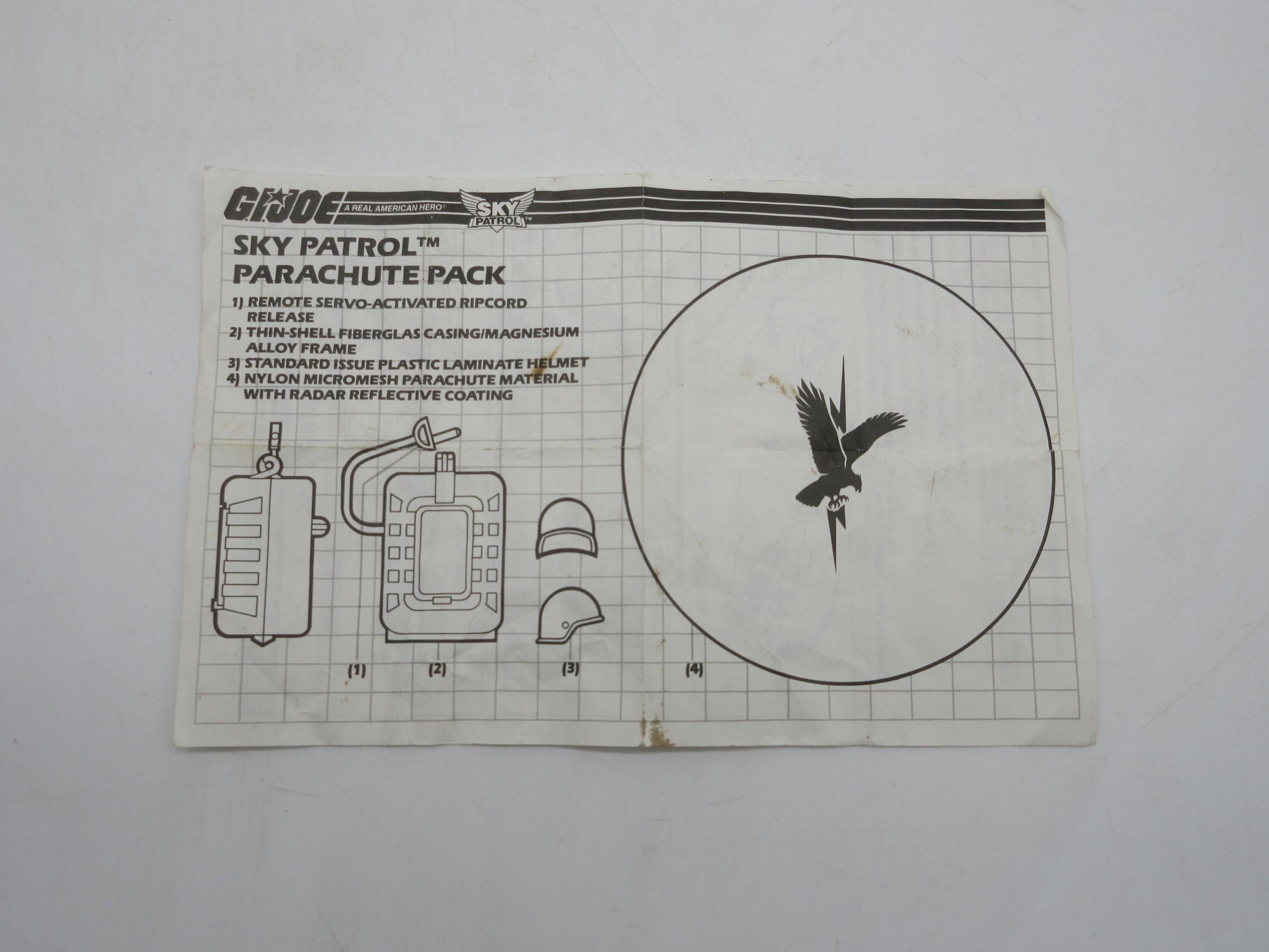 1990 Sky Patrol Parachute Pack Instructions / Blueprint /Paperwork Gi Joe (Hasbro)  Action figure ARAH Cobra  3 3/4" 12" Complete Box