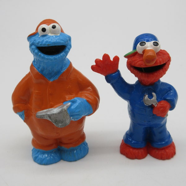 1980's ELMO + Cookie Monster Mechanic PVC Figures - Sesame Street - Applause - Fisher Price # - Little People Adventure People