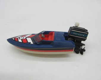 1980 TOMY Mighty Motorboote - Aufziehbares Merkur-Schnellboot von TOMY - Funktioniert! Seltener Spielzeug blauer Außenbordmotor