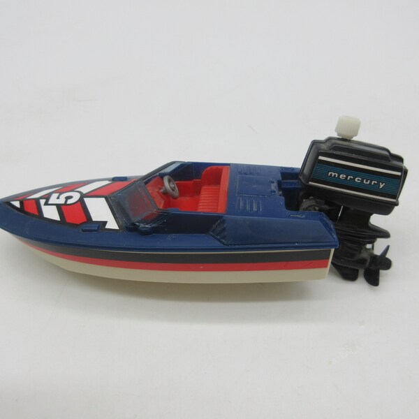 1980 TOMY Mighty Motor Boats - Bateau rapide Mercury à remontage manuel par TOMY - Fonctionne ! Moteur hors-bord bleu jouet rare