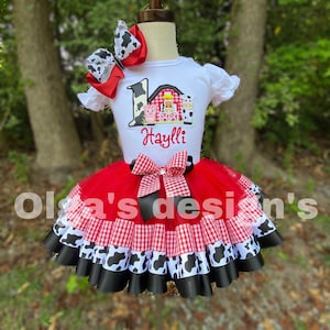 Animals birthday outfit farm birthday outfit red outfit birthday shirt cow tutu.
