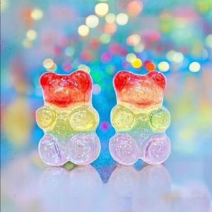 10 Rainbow Glitter Gummy Bear Cabochons 17mm Flatback Translucent Resin Candy Embellishments DIY Craft Gummies Pride Jewelry Making Supplies