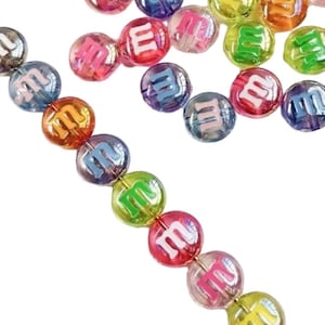 15pc- Shiny M Bean Beads 3D Translucent M&M Chocolate Candy Bead Embellishments Novelty Fully Drilled Fake Candies For Jewelry Crafts