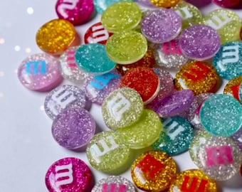 20 Glitter Resin M&M Cabochons Set Colorful Candy Flatback Embellishments Sparkly Kawaii Decoden Phone Case Craft Decor DIY Jewelry Supplies