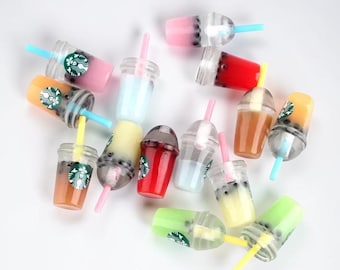 10- Bubble Tea Fruit Juice Bottles Resin Miniature Dollhouse Drinks Cute Barista Beverages Boba Cups With Colored Straws DIY Craft Cabochons