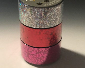 3pc- NIP Scotch Expressions Metallic Tape Decorative Sparkly Red, Pink & Silver Craft Designer Tape For Card Making Crafts (3/4” x 200”)