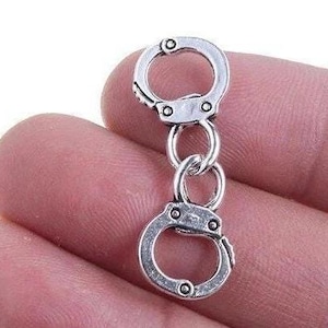 10 Antique Silver Pewter Handcuff Connectors 31mm 2- Hole Metal Cuffs 2-Sided Craft Links Prisoner & Police Officer Theme DIY Jewelry Charms