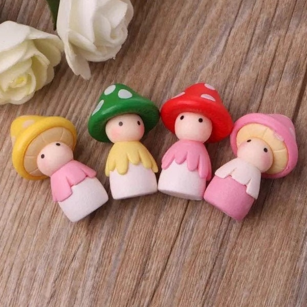 4pc- 1-3/8" Miniature Mushroom Doll Embellishments 3D Novelty Colorful Fairy Garden Statues, Mini Dollhouse Landscape Decor For Crafts