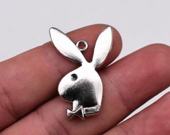 14pc- 1-1/4&quot; Antique Silver Bunny Rabbit Pendant Charms Novelty Metal Animal DIY Necklace Jewelry For Crafts