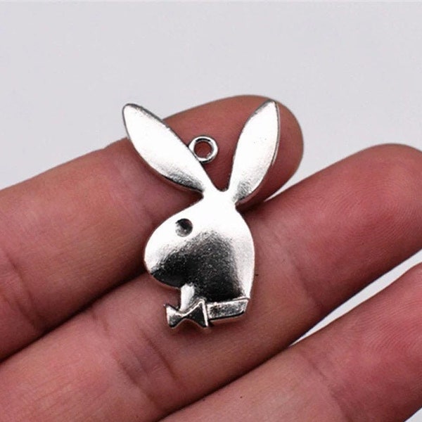 10pc- 1-1/4" Antique Silver Playboy Bunny Pendant Charms Novelty Metal Rabbit Head Jewelry Charm Pendants For Crafts