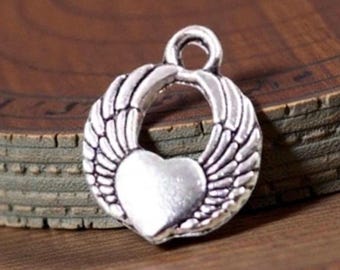 10- Heart With Angel Wings Charm Open Wings Carrying Puffy Heart Pendants Antique Silver Pewter Heart & Wings Angelic Faith Jewelry Supplies