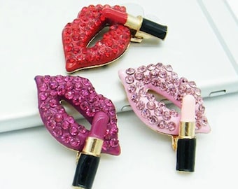 2pc- 1&quot; Cubic Zirconia Rhinestone Lip Charms Gold Flatback Metal Embellishments Lipstick Cabochons CZ Encrusted Mouth Jewelry Connectors